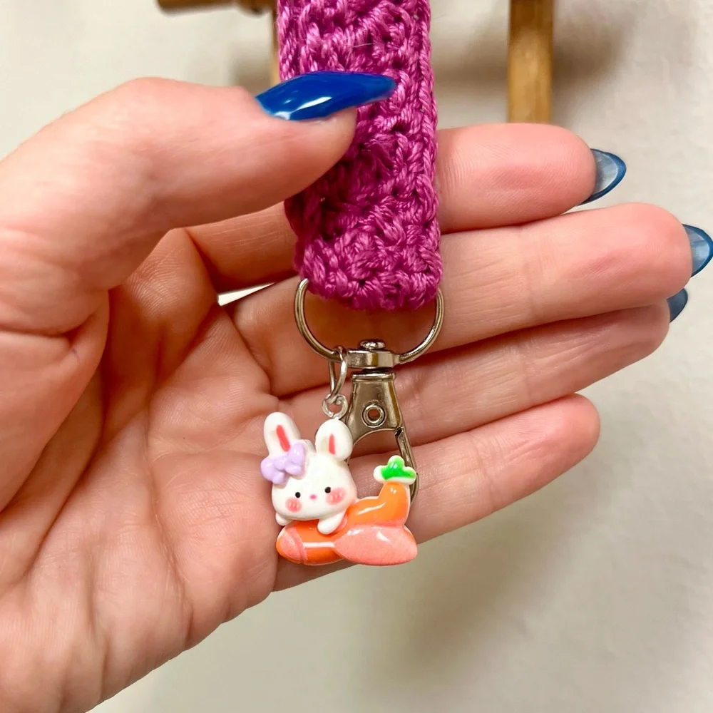 HANDCRAFTED - UPCYCLED 🐰 Crochet Wristlet Easter Bunny Charm Keychain - Picture 3 of 3